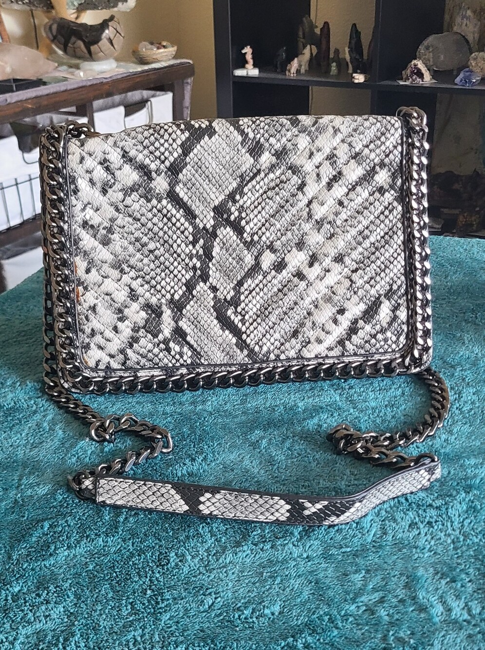 Aldo Snake-Print Crossbody Bag in White and Gray with Gunmetal Chain